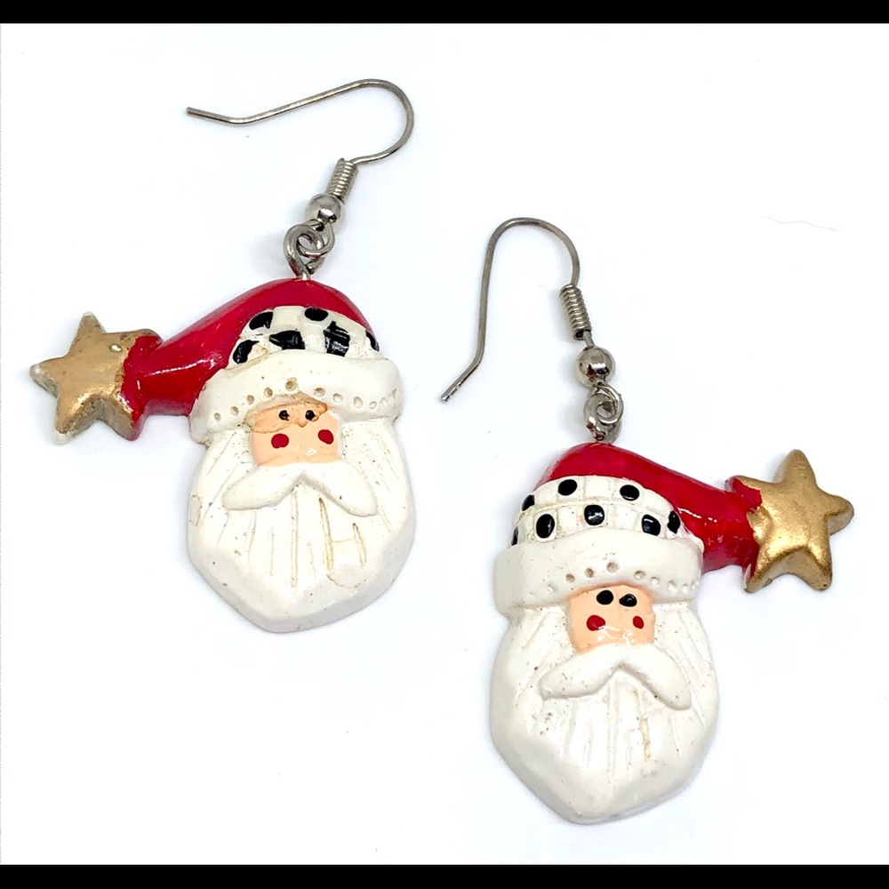 Vintage Christmas Santa Claus with Spotted Gold Star Hat Resin Dangle Earrings